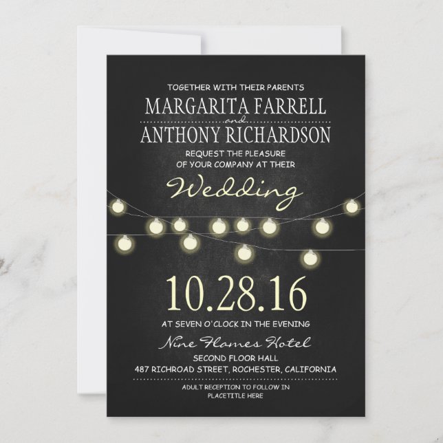 Romantic string lights chalkboard wedding invites (Front)
