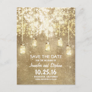 romantic string lights mason jars save the date announcement postcard