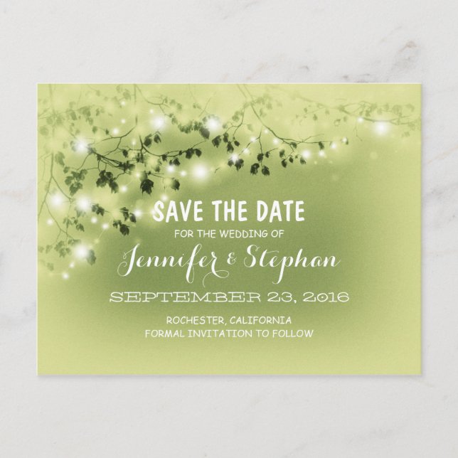 romantic string lights mint save the date postcard (Front)