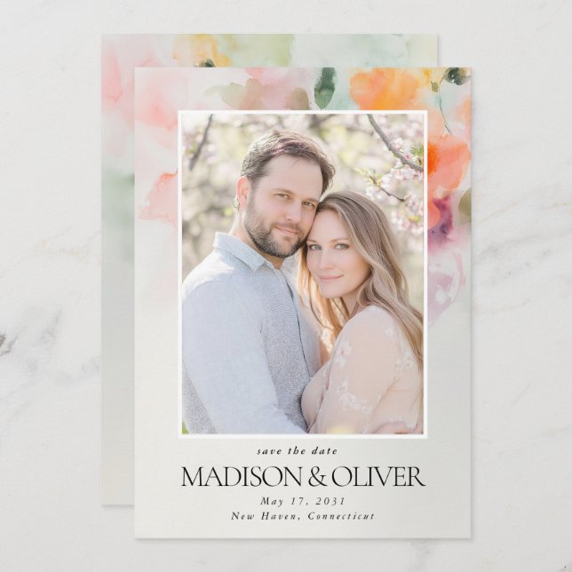 Romantic Summer Flowers QR Code Photo Wedding Save The Date (Front/Back)