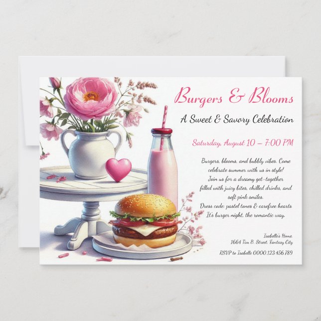 Romantic Summer Party Watercolor Burger & Pink  Invitation (Front)