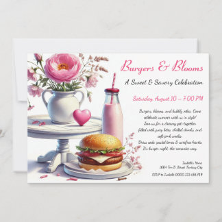 Romantic Summer Party Watercolor Burger & Pink  Invitation