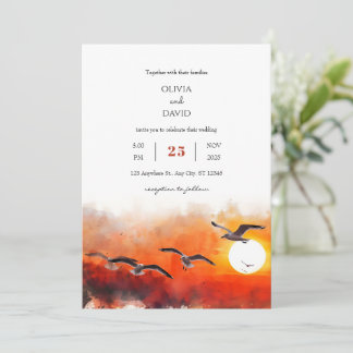 Romantic Summer Seagull Horizon Art Beach Wedding Invitation