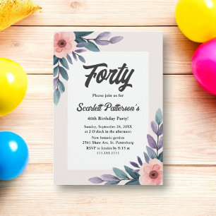Romantic Summer Watercolor Floral 40th Birthday Invitation