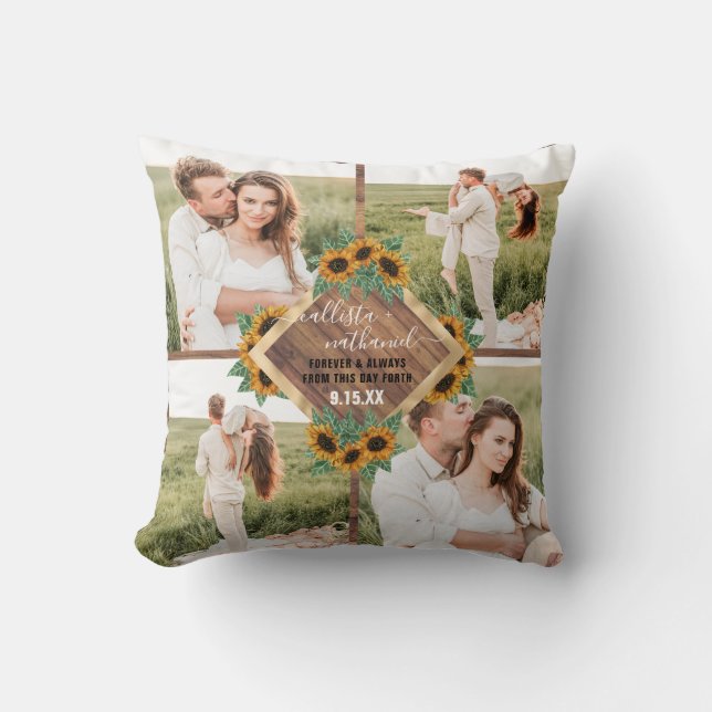 Romantic Sunflower Gold White Couple Photo Collage Cushion (Front)
