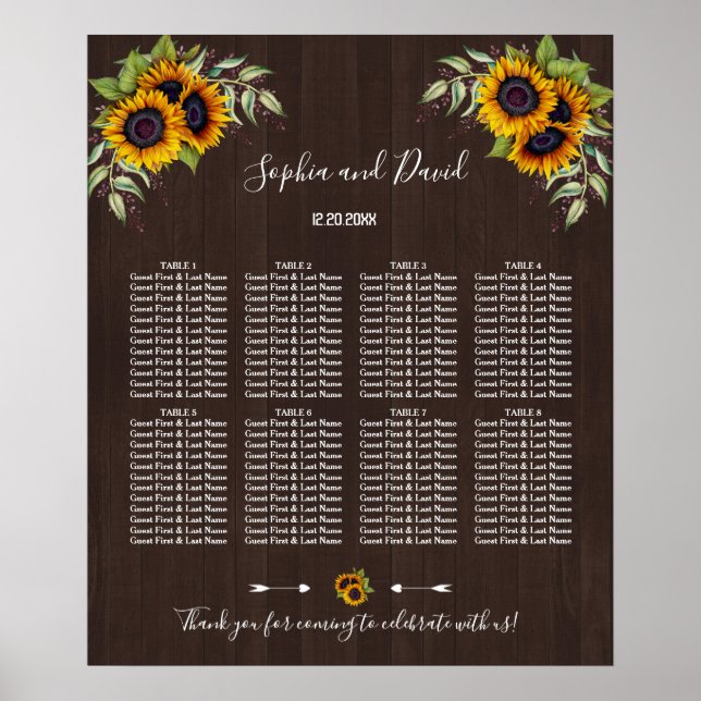 Romantic Sunflowers Barn Wedding Seating Chart (Front)