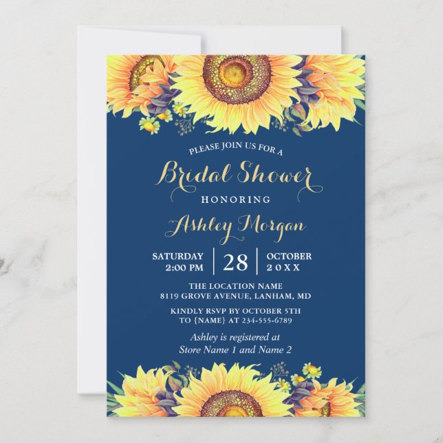 Romantic Sunflowers Rustic Navy Blue Bridal Shower Invitation (Front)