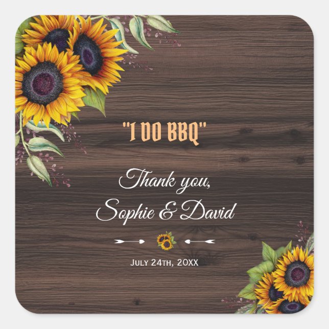 Romantic Sunflowers Wood Wedding I DO BBQ Square Sticker (Front)