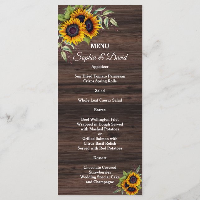Romantic Sunflowers Wood Wedding Menu (Front)