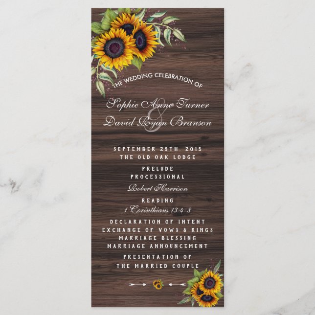 Romantic Sunflowers Wood Wedding Program Programme (Front)