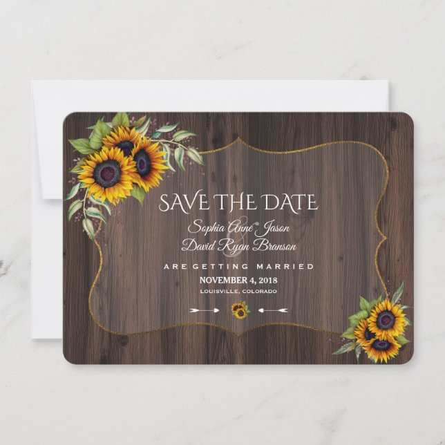 Romantic Sunflowers Wood Wedding Save The Date (Front)