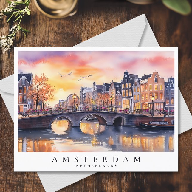 Romantic Sunset Amsterdam Canal Watercolor Travel Postcard (Romantic Sunset Amsterdam Canal Watercolor Travel Postcard)