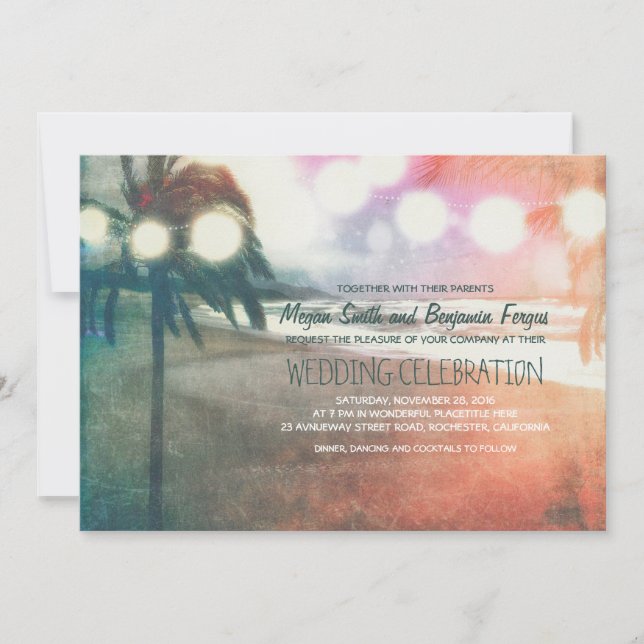 Romantic Sunset Beach Lanterns Wedding Invitation (Front)
