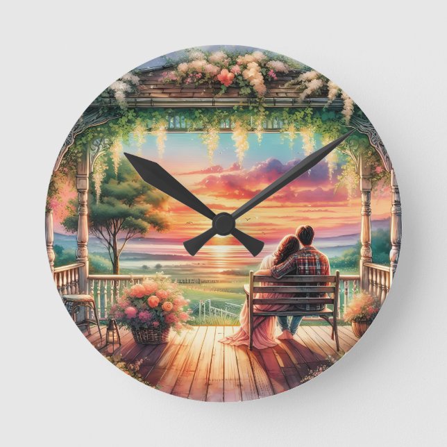 Romantic Sunset Porch View Illustration Round Clock (Front)