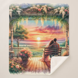 Romantic Sunset Porch View Illustration Sherpa Blanket
