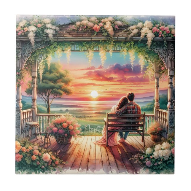 Romantic Sunset Porch View Illustration Tile (Front)
