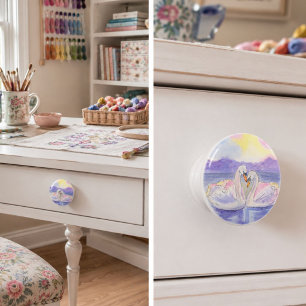 Romantic Sunset Swans Watercolor Decorative Ceramic Knob
