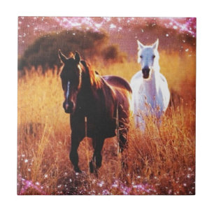 Romantic Sunset Western country Galloping Horses Tile