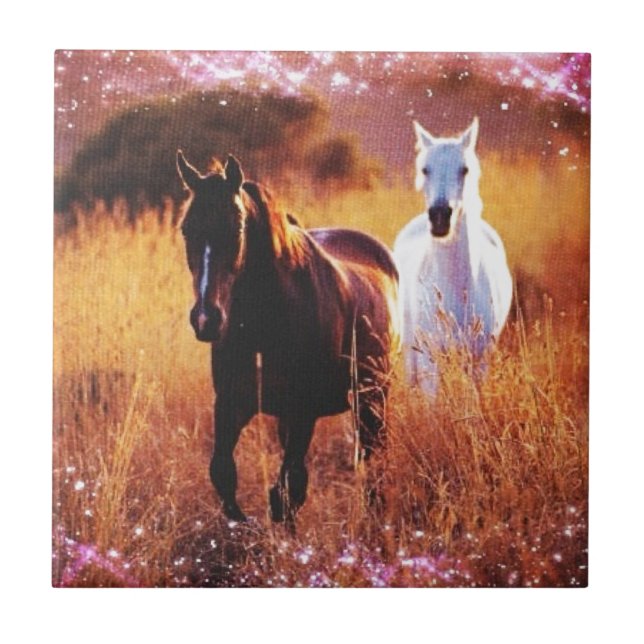 Romantic Sunset Western country Galloping Horses Tile (Front)