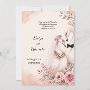 Romantic Swan Bride and Groom Blush Pink Floral Invitation