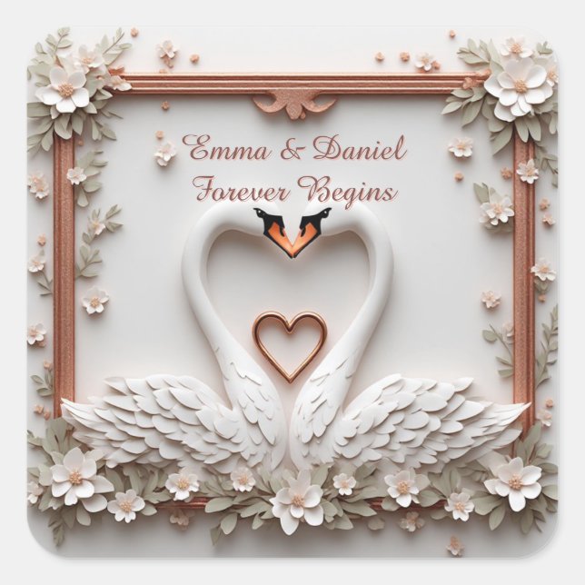 🤍 Romantic Swan Couple Floral Wedding Theme 🤍 Square Sticker (Front)