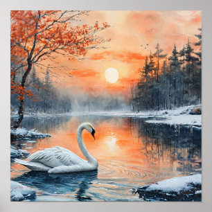 Romantic Swan Lake Landscape Print