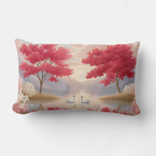 Romantic Swan Lake Pink Blossom Trees Elegant Lumbar Cushion