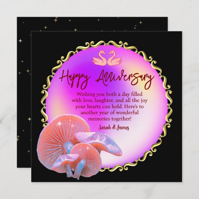 Romantic Swan Pastel Happy Anniversary Gold Accent Card (Front/Back)