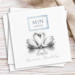 Romantic Swan Wedding Napkins Blue Monogram