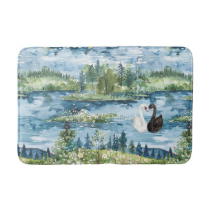 Romantic Swans Blue Lake Bath Mat