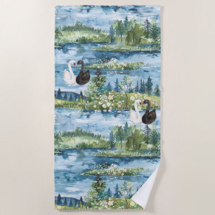 Romantic Swans Blue Lake Beach Towel