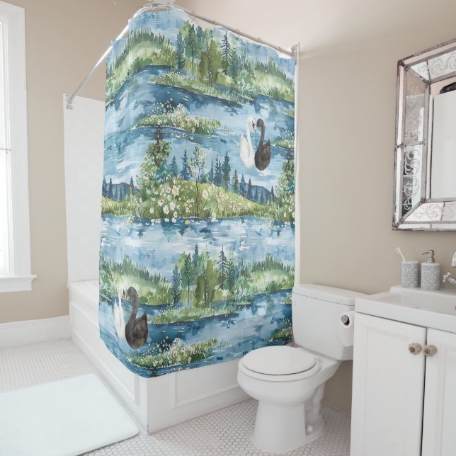 Romantic Swans Blue Lake   Shower Curtain (In Situ)