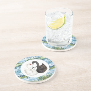 Romantic Swans Blue Lake Water Lilies Coaster