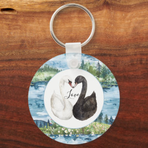 Romantic Swans Blue Lake Water Lilies Key Ring