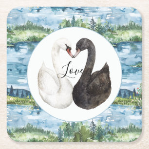 Romantic Swans Blue Lake Water Lilies   Square Paper Coaster