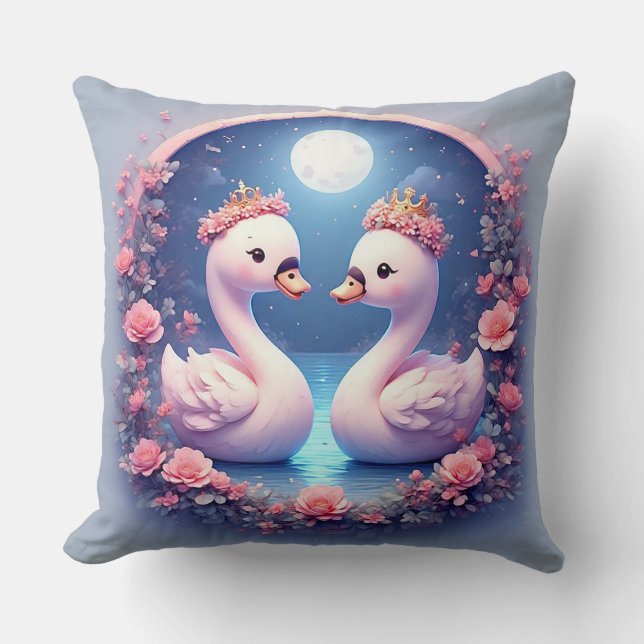 Romantic Swans Decorated in Flowers Cushion (Front)