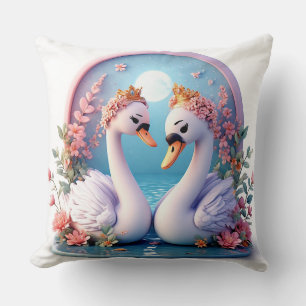 Romantic Swans Decorated in Flowers Cushion