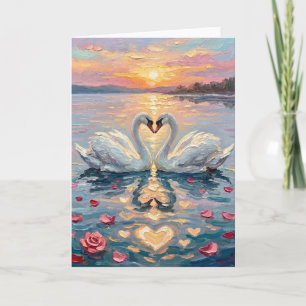 Romantic Swans Heart Sunset Painting Valentine Holiday Card
