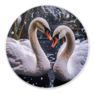 Romantic Swans in a Winter Wonderland Ceramic Knob