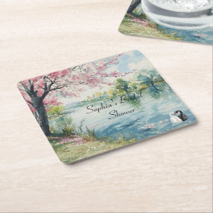 Romantic Swans Lake Bridal Shower   Square Paper Coaster