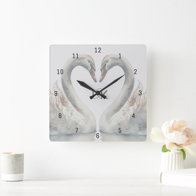 Romantic Swans Monogram Square Wall Clock (Home)