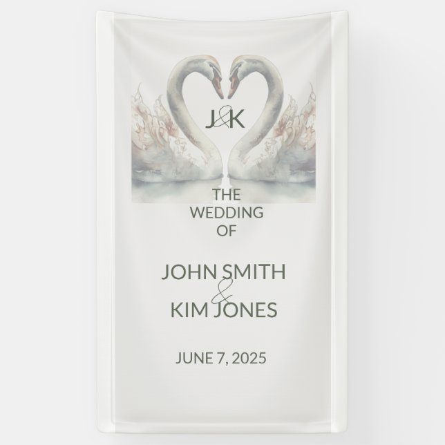 Romantic Swans Wedding Couple Monogram Banner (Vertical)