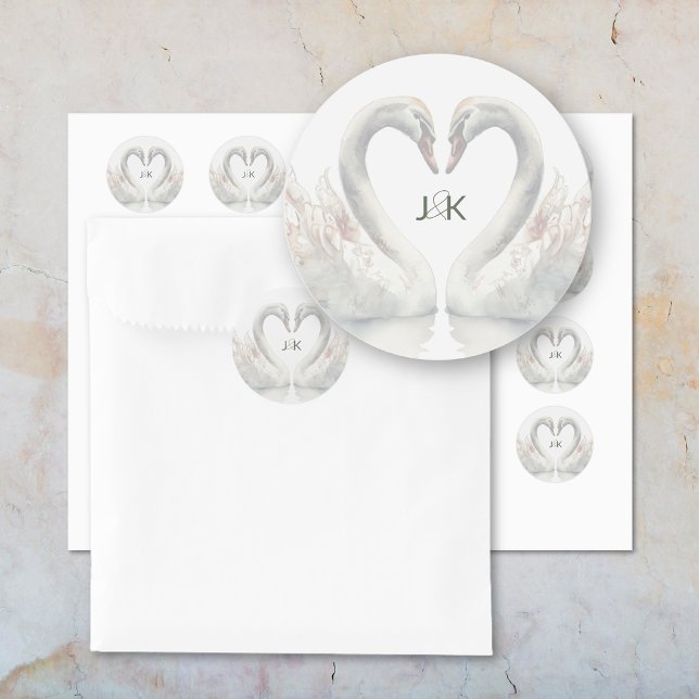 Romantic Swans Wedding Couple Monogram Classic Round Sticker (Romantic Swans Wedding Couple Monogram Classic Round Sticker)