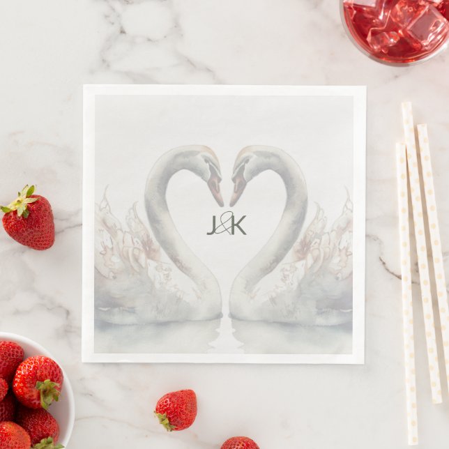 Romantic Swans Wedding Couple Monogram Napkin (Insitu)