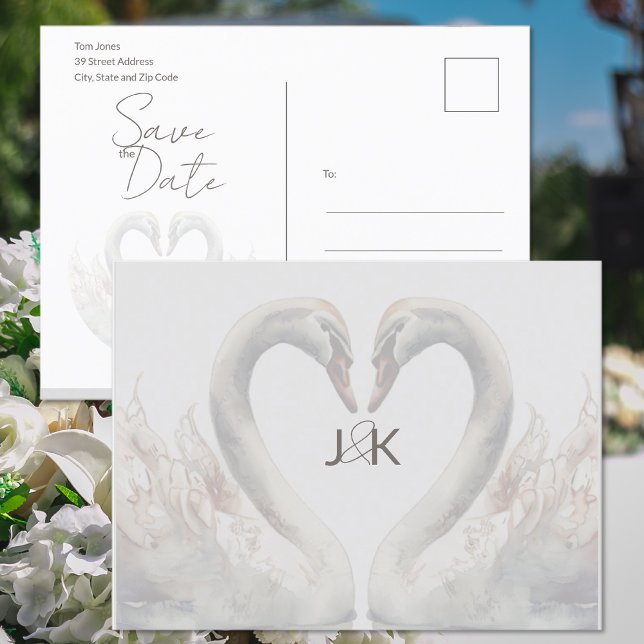 Romantic Swans Wedding Save the Date Postcard (Romantic Swans Wedding Save the Date Postcard (front and back))
