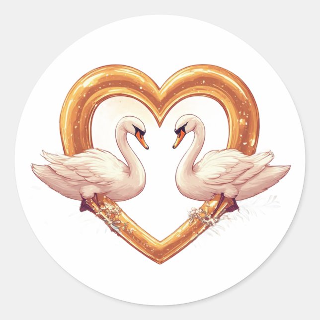 Romantic Swans with Heart Shape Classic Round Sticker (Front)