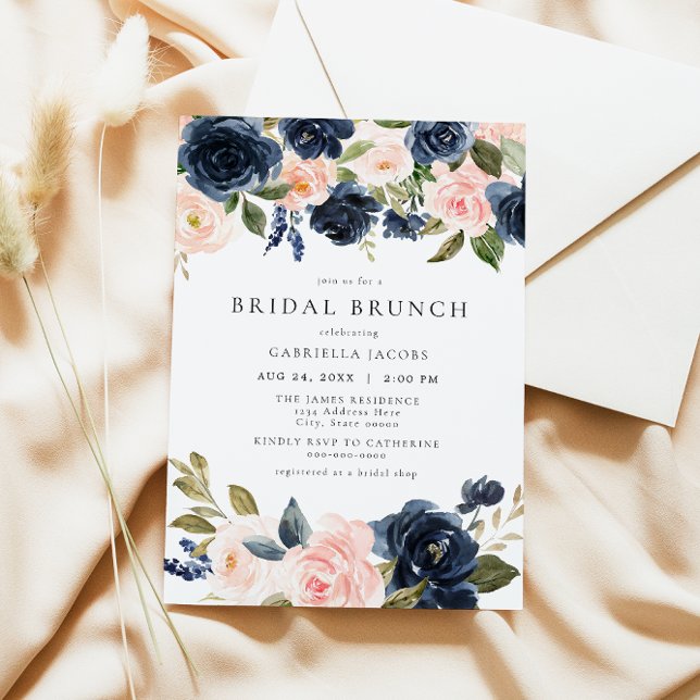 Romantic & Sweet Navy Blush Floral Bridal Brunch Invitation (Creator Uploaded)