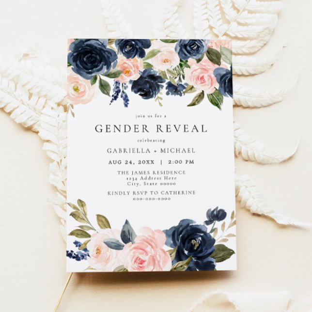 Romantic & Sweet Navy Blush Floral Gender Reveal Invitation (Creator Uploaded)