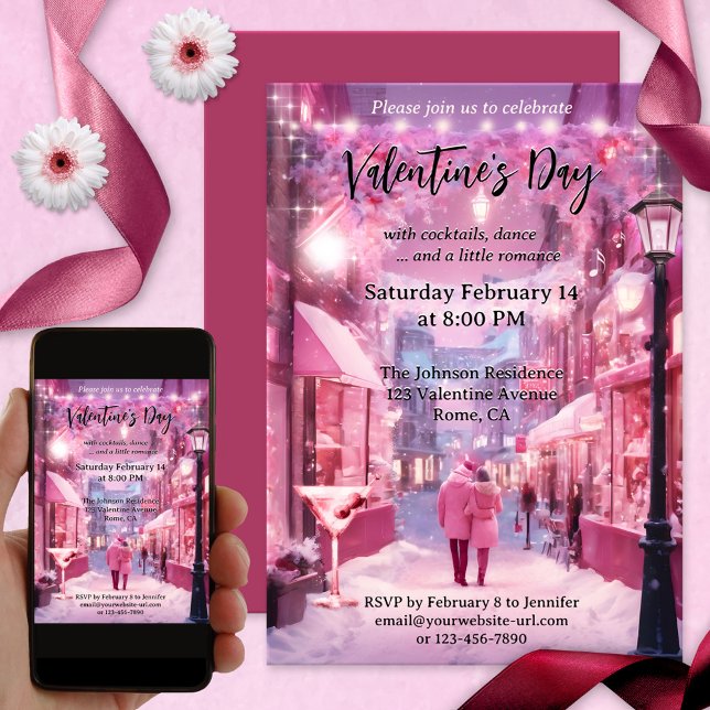 Romantic Sweet Pink Cute Valentine's Day Invitation (A sweet Valentine's Day party invitation featuring a couple in love in a pink fantasy world)
