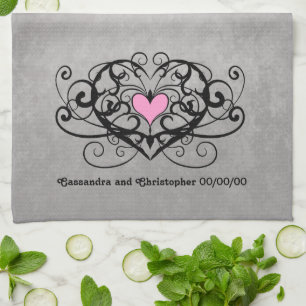 Romantic swirls and hearts wedding tea towel